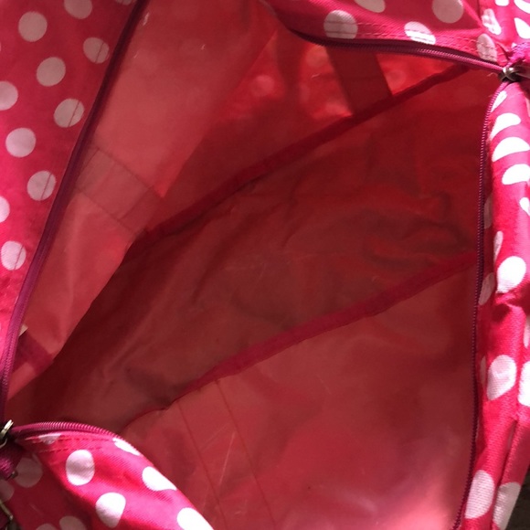Pink and white polka dot “B” duffle bag with strap and front zipper small pocket - Picture 11 of 16